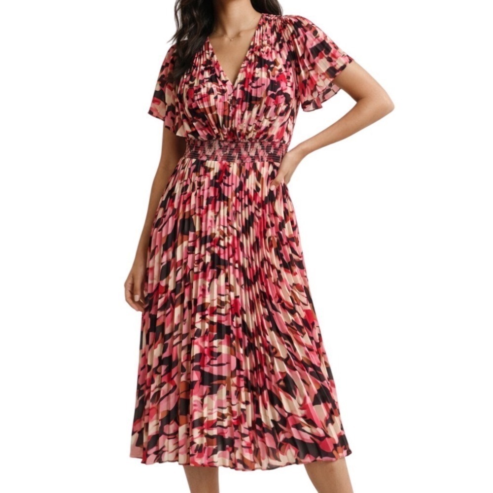 Preppy Academia Pleated A-line‎ Midi Dress Smocked Maximalist Flutter Sleeve